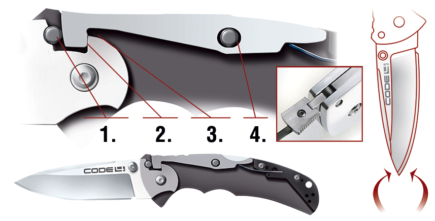 Obrázek prakticky demonstrující pojistku Tri-Ad Lock na noži Code 4 od firmy Cold Steel