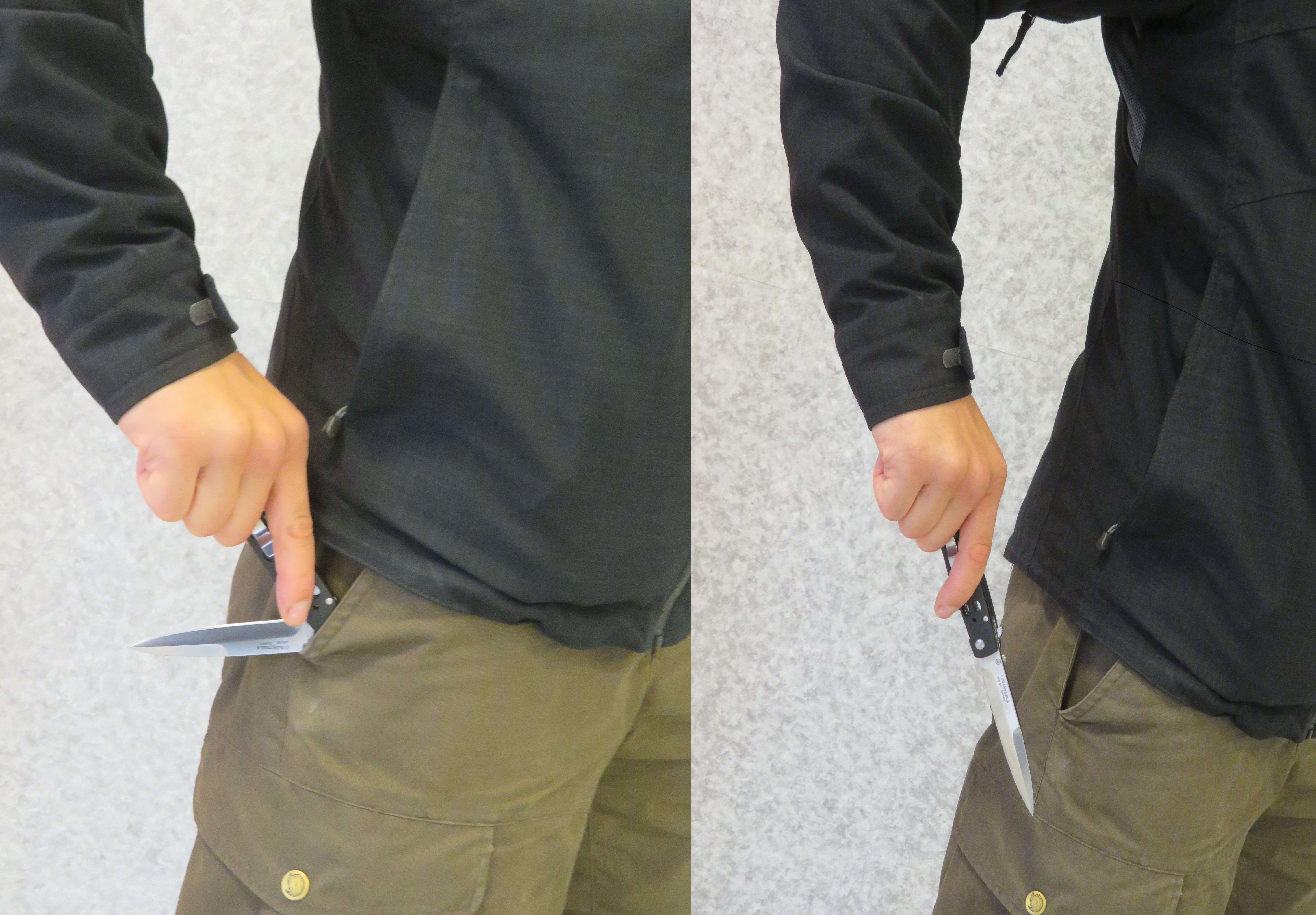 Technika otevření pomocí zaseknutí o lem v kapse.